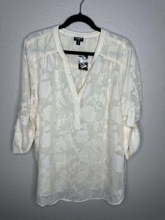 torrid Tops - Torrid Shirt Womens 2X Ivory Harper Floral Burnout Roll Tab Sleeve V Neck Sheer